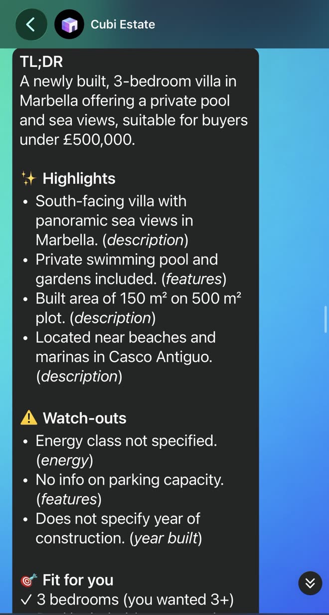 CUBI Estate /summary screen
